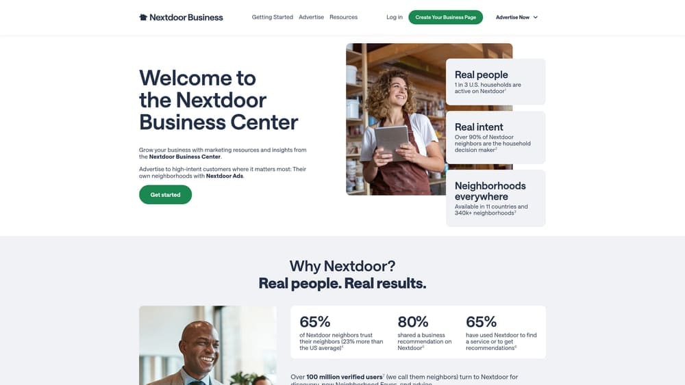 Nextdoor Business Center homepage showcasing marketing resources for local businesses, emphasizing community engagement, real customer intent, and neighborhood-focused advertising strategies.