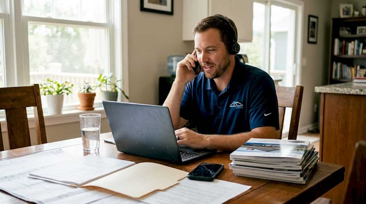 Roofer working from home office with laptop and headset, generating roofing leads.