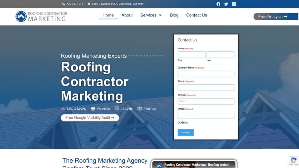 Roofing Contractor Marketing website homepage featuring branding elements, contact form, and services overview for roofing contractors.