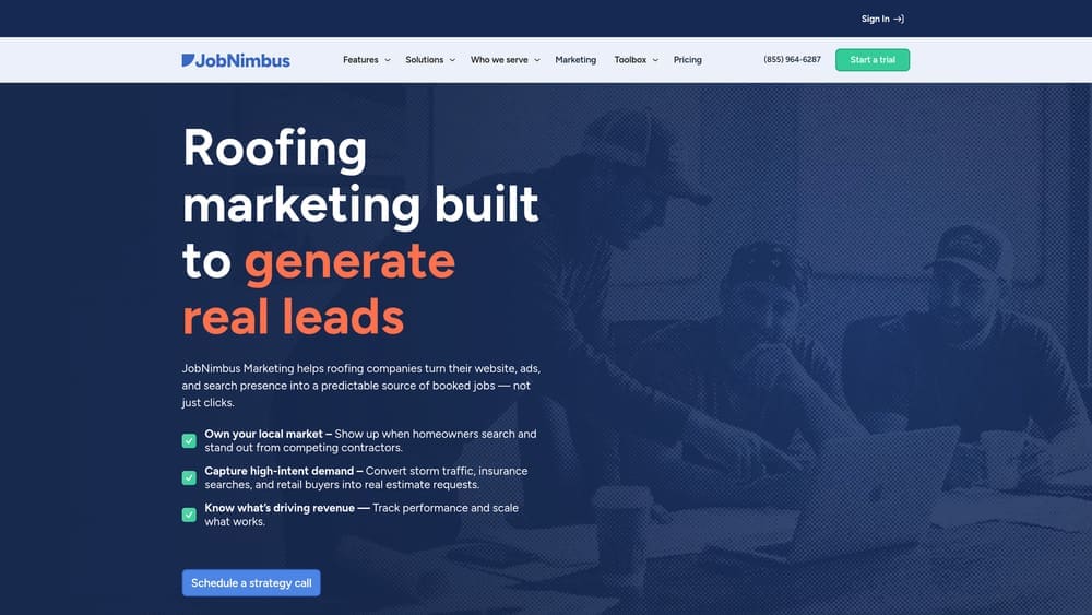 Roofing marketing services overview, emphasizing lead generation strategies for contractors, featuring a team collaborating on digital solutions.