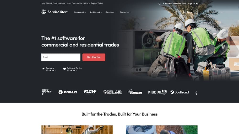 ServiceTitan homepage showcasing contractors in safety vests working on HVAC equipment, emphasizing integrated marketing solutions for roofing and trade industries.