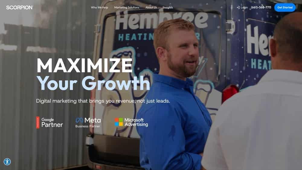 Scorpion marketing platform homepage featuring professionals discussing digital marketing strategies for roofing contractors, emphasizing growth and revenue generation.