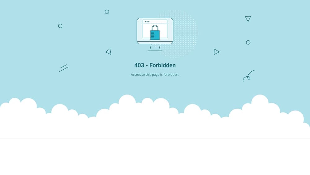403 Forbidden error page with a computer displaying a locked padlock symbol, indicating restricted access, against a light blue background with abstract shapes and white clouds.