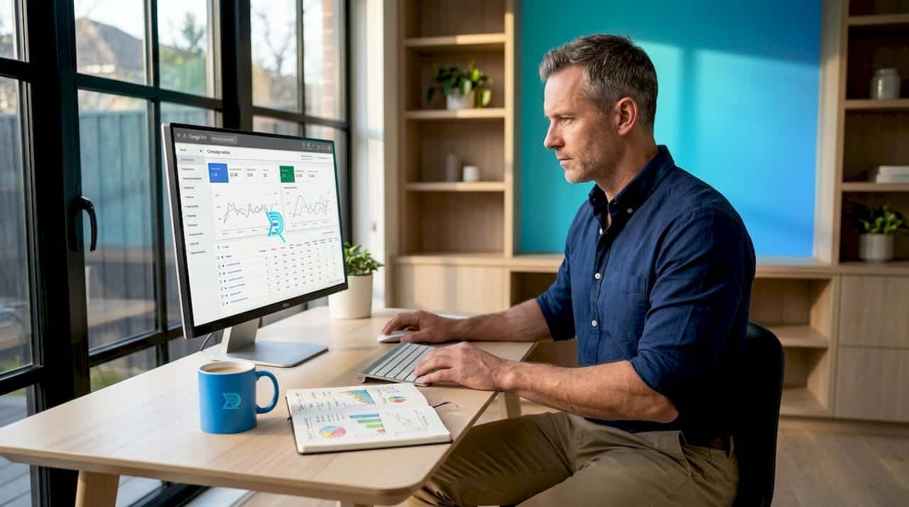 Google Ads Management for Roofers - 1779703177498 Contractor checking Google Ads metrics at desk
