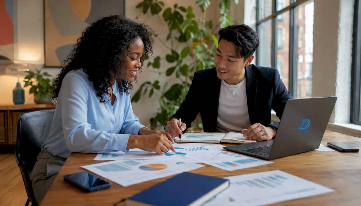 Marketing team discussing digital ad budgets in meeting room