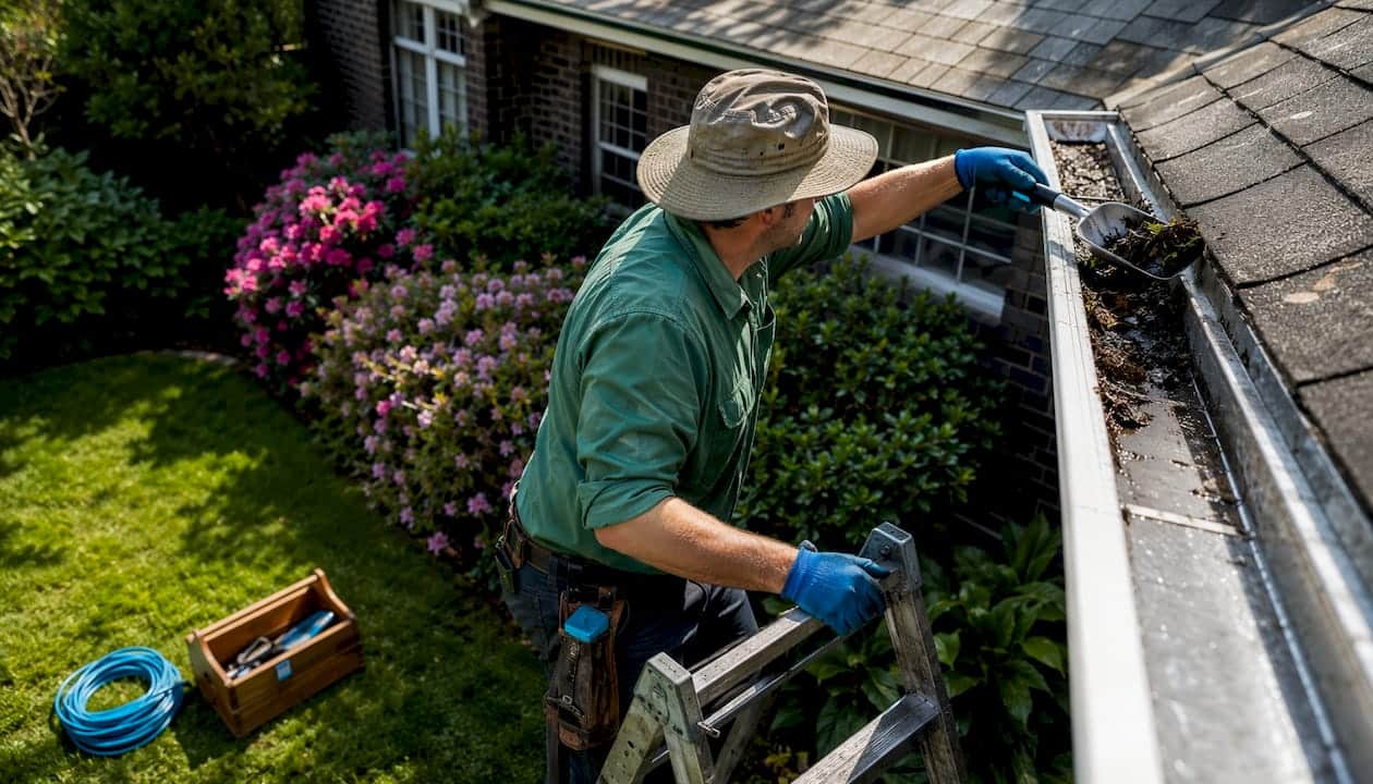 Gutter technician cleaning house gutters outdoors