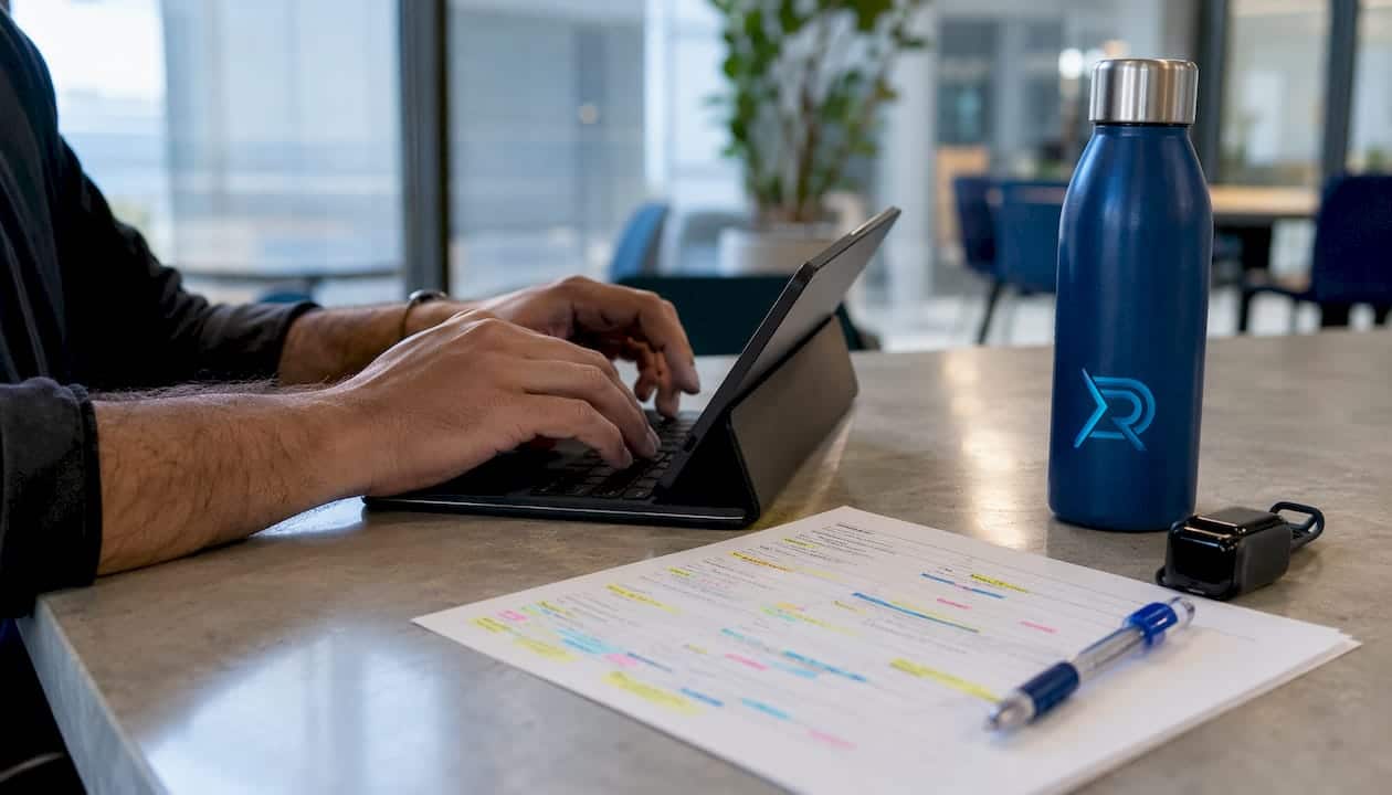 Hands typing with fire protection keyword notes