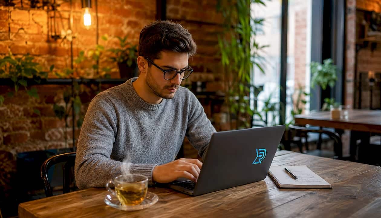 Digital marketer managing roofing PPC campaign at desk