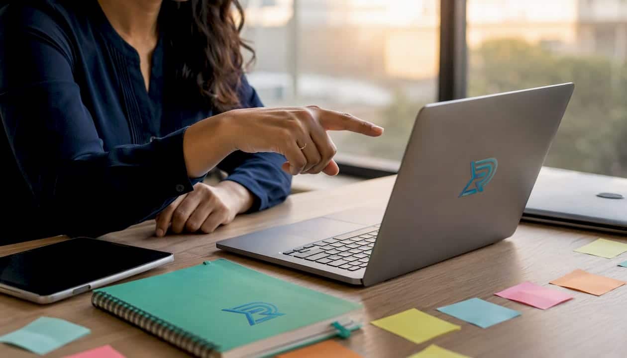 Hands of marketer addressing retargeting errors at desk