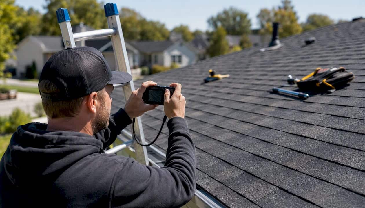Contractor photographing roofing job