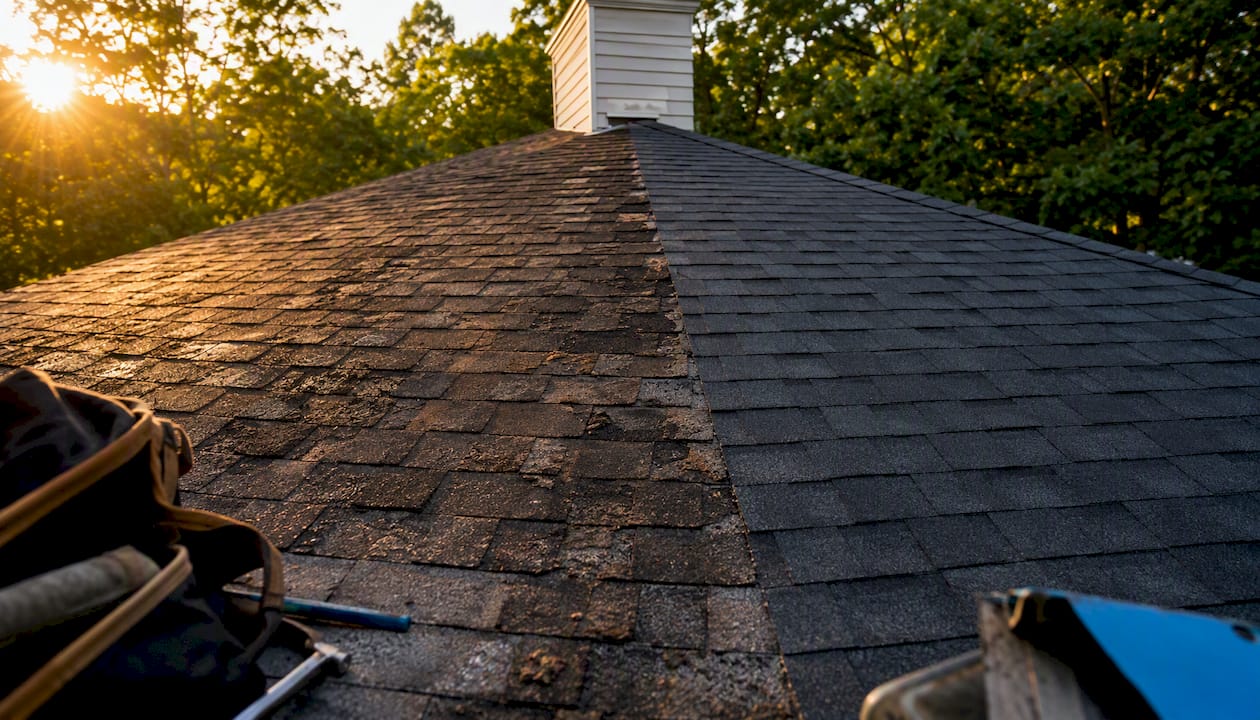 Before and after roof replacement side-by-side