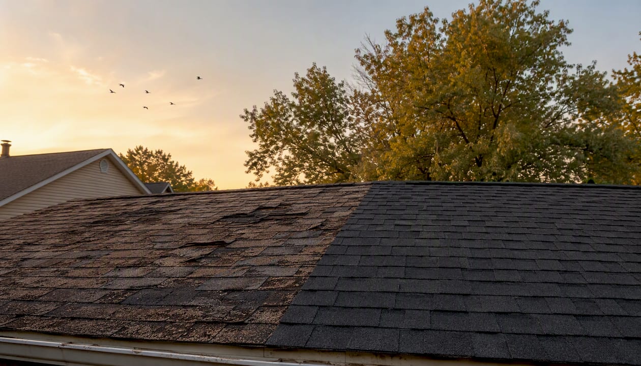 Residential roof before and after shingle replacement