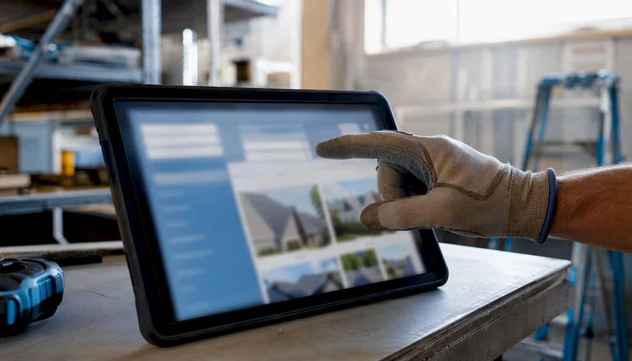 Hand filtering roofing project gallery on touchscreen