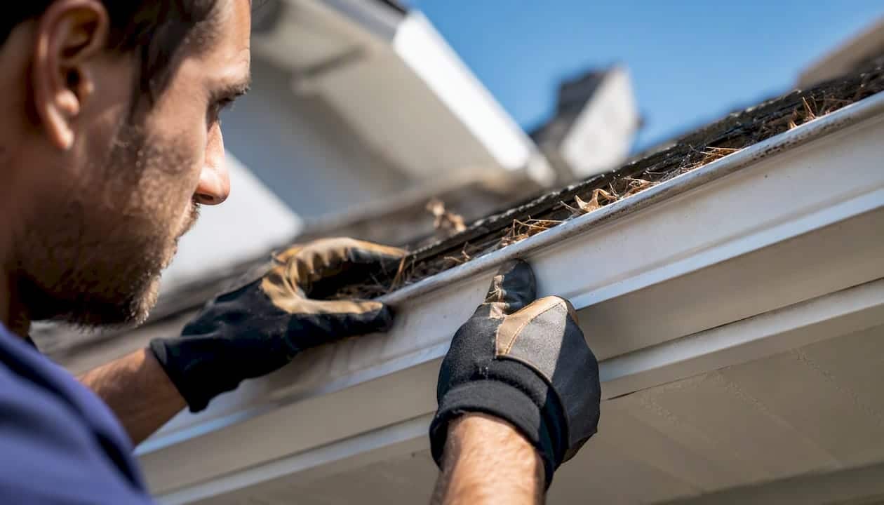 Gloved hands inspecting residential gutter