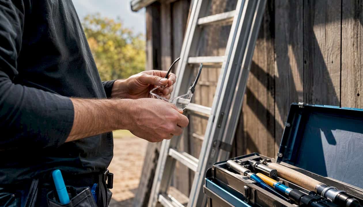 Worker hands putting on gloves near ladder and tools