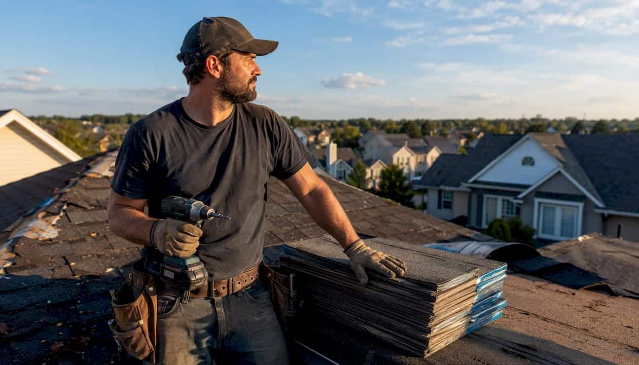 Contractor gripping drill on rooftop