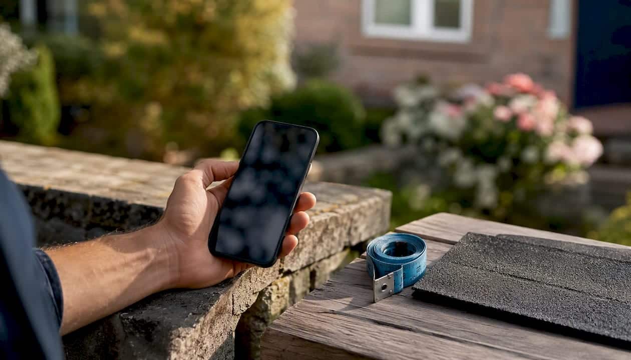 Hand holding smartphone near roof tools outdoors