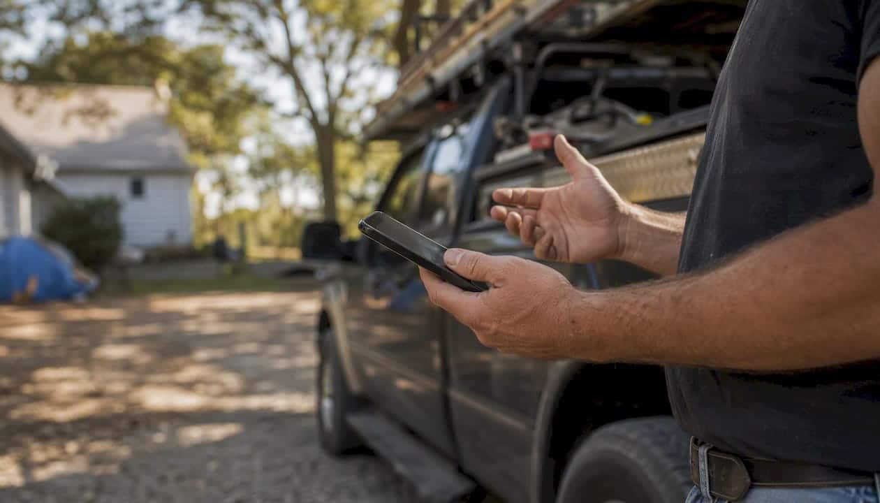 Crew lead requesting Google review by work truck