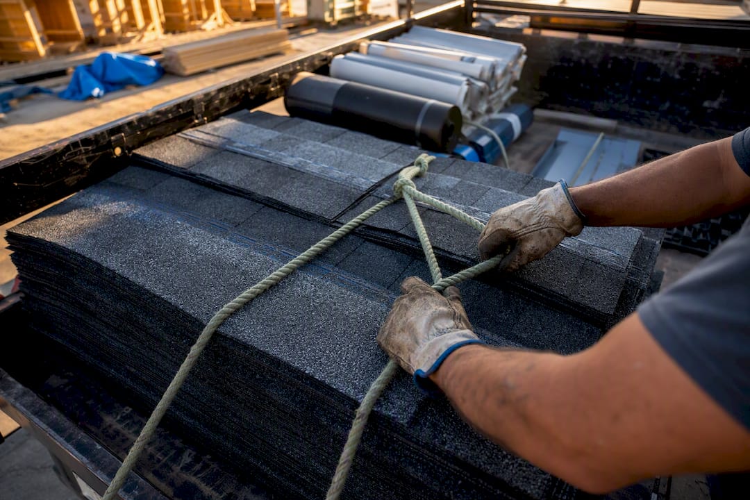 Roofing contractor securing shingles on truck bed