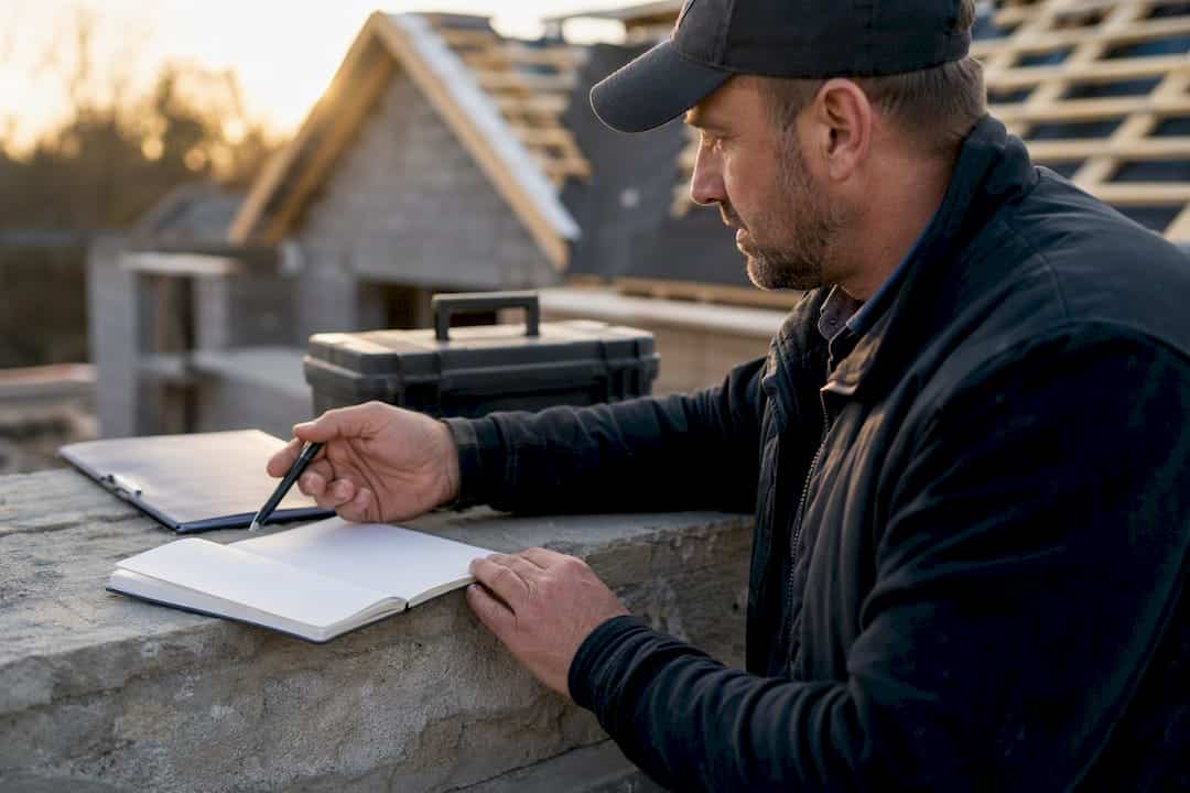 Contractor hands marking financial notes outdoors