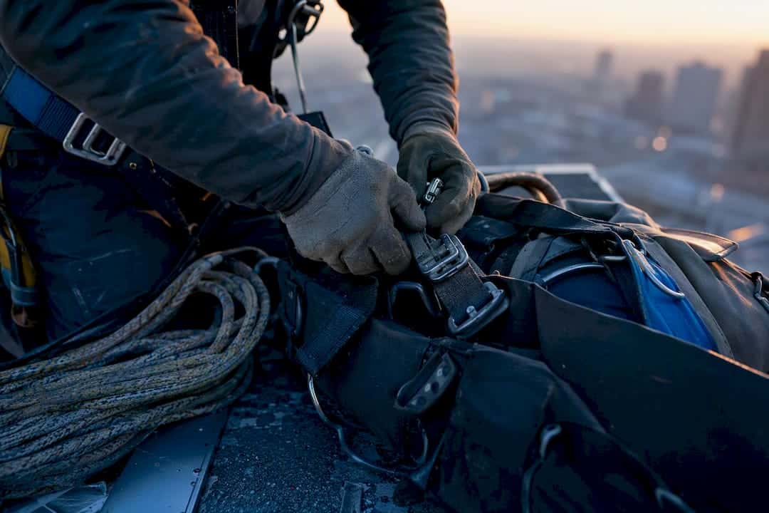Roofing crew hands arranging equipment at site