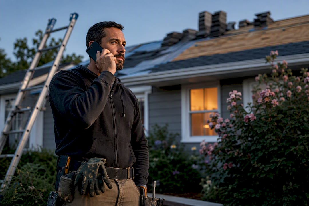 Roofer making quick callback by phone onsite