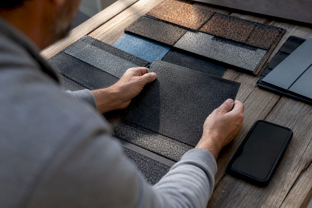 Homeowner reviewing roofing samples on porch