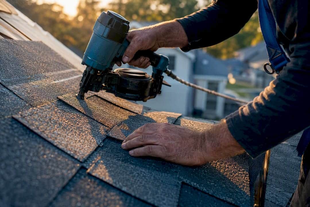 Hands installing roof shingles close-up
