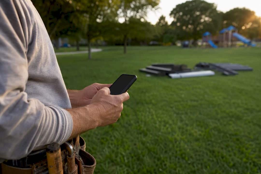 Contractor checking phone at worksite