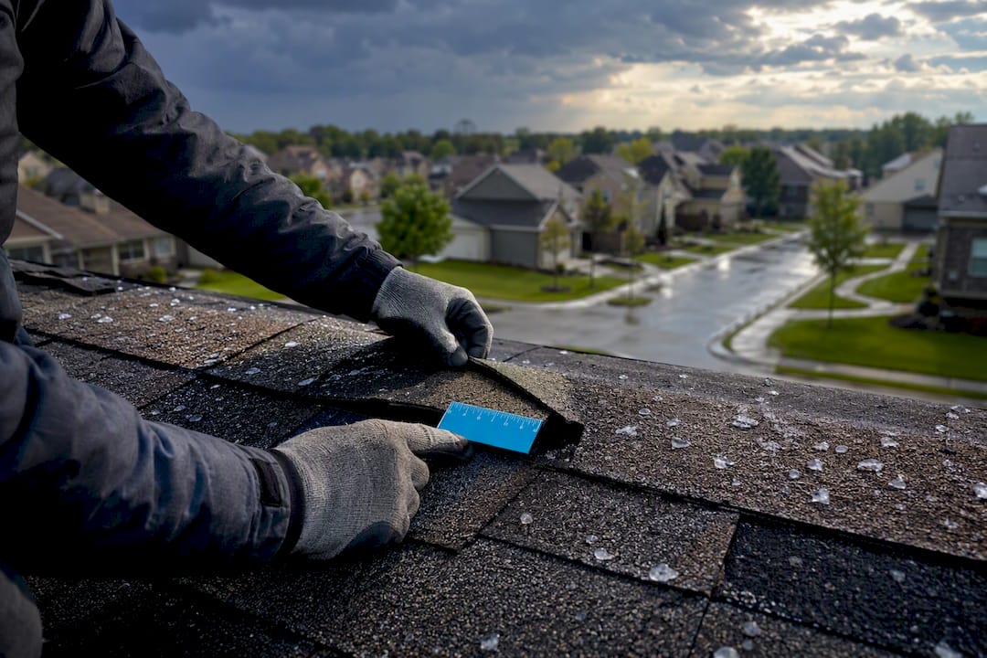 Storm damage visible on suburban roof shingles