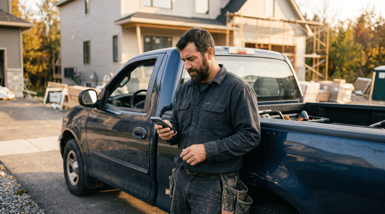 Contractor reading an incoming lead text at his truck